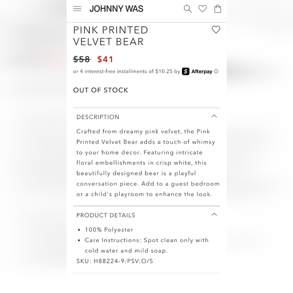 Johnny Was - Pink Velvet Bear LAST ONE - Picture 8 of 8